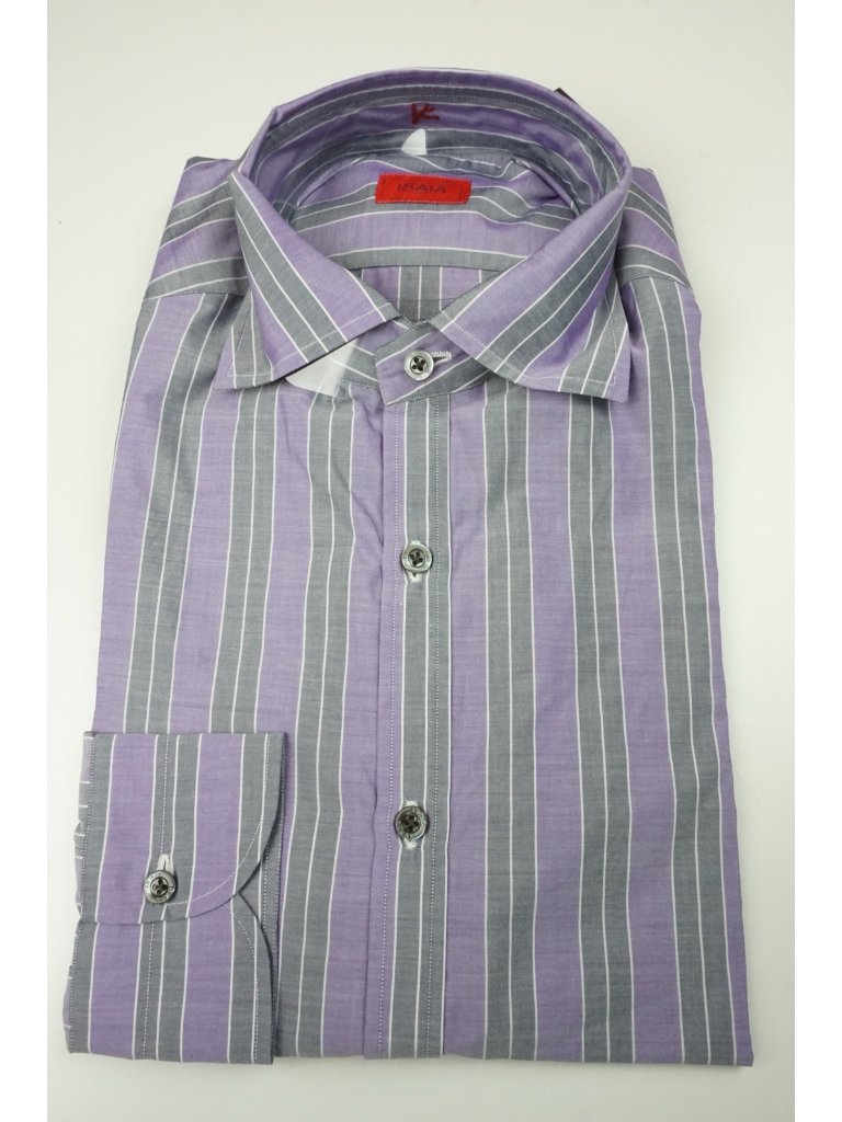 Isaia Violet Gray White Striped Long Sleeve Cotton Dress Shirt 15.5/39 New